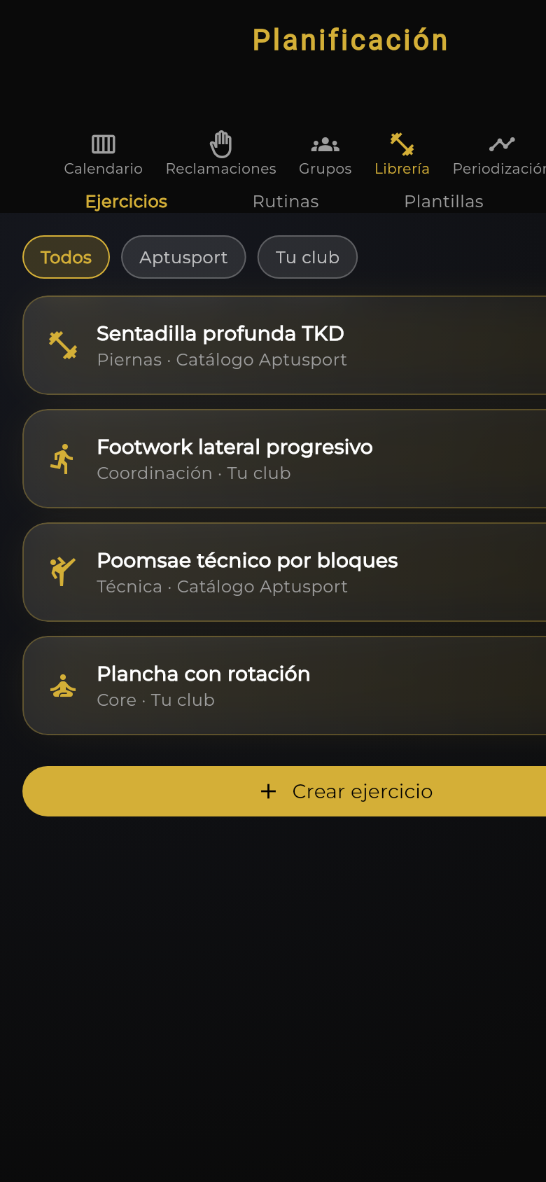 Librería de ejercicios con catálogo Aptusport y ejercicios del club